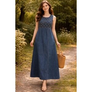 Jane Ashley Jumper Dress Womens L Blue Denim Vintage Maxi Embroidered Floral